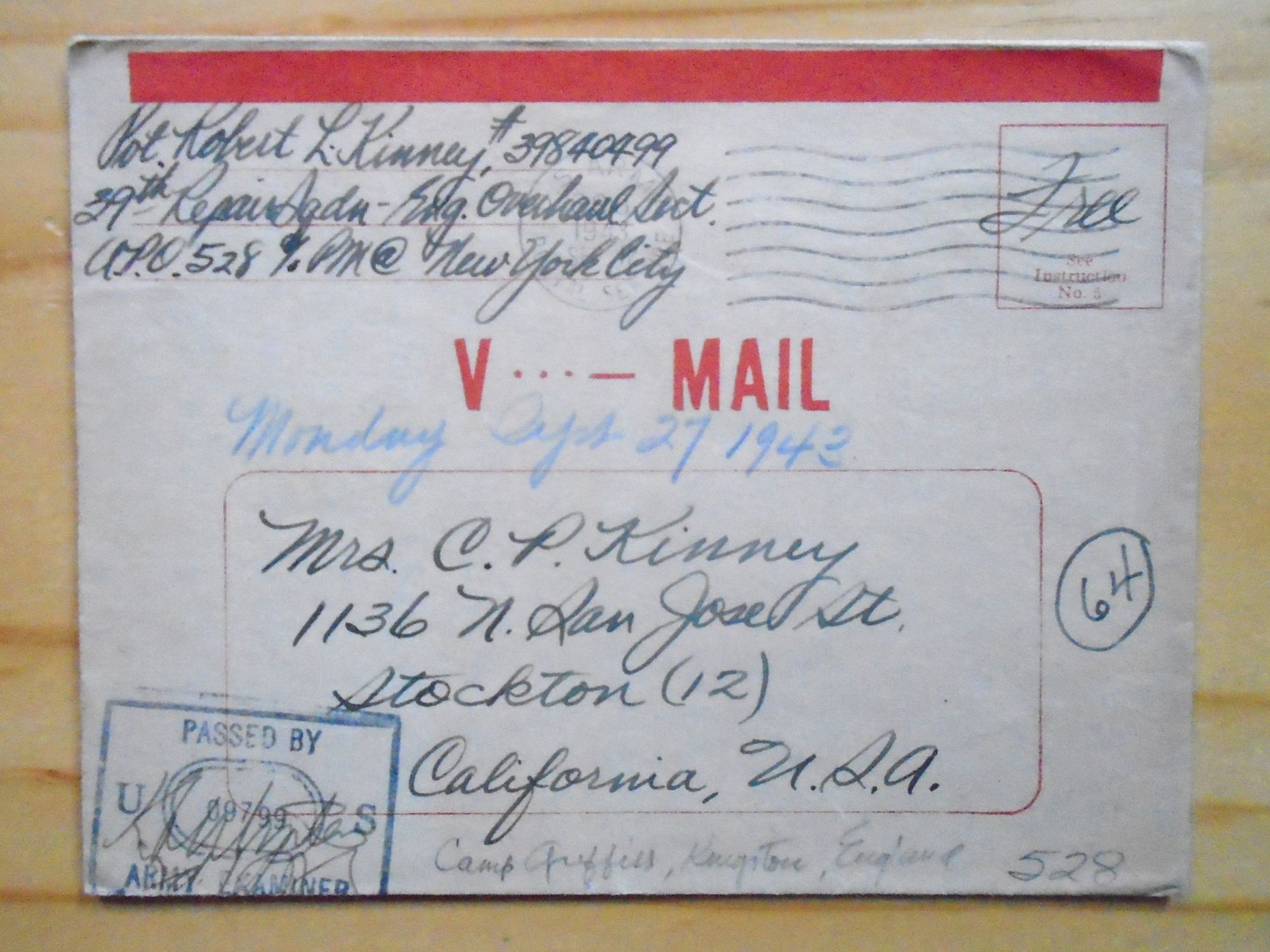 V Mail Examples V MAIL LETTER DATED SEPT. 20, 1943, SENT FROM APO 528; U.S. ARMY POSTAL ...