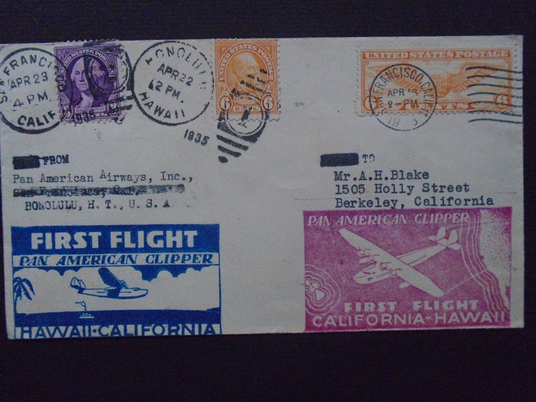 Item #53967 CACHET COVER, TWO CACHETS, PAN AMERICAN CLIPPER FIRST FLIGHT CALIFORNIA - HAWAII AND HAWAII - CALIFORNIA , CANCELLATION SAN FRANCICO APR 16, 1935, CANCELLATION HONOLULU, HAWAII APRIL 22 1935, ARRIVAL CANCELLATION SAN FRANCISCO, APR 23, 1935