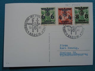 POSTCARDS OF THE THIRD REICH GERMANY; OBER EINE NOTBRÜCKE FEINDE ENTGEGEN; USED PHOTO POSTCARD AND CANCELLED 1941, THREE OVERPRINTED GERMAN STAMPS