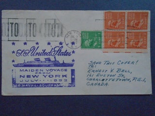 Item #54020 CACHET COVER, S.S. UNITED STATES MAIDEN VOYAGE FROM NEW YORK, JULY 1952 TO HAVRE...