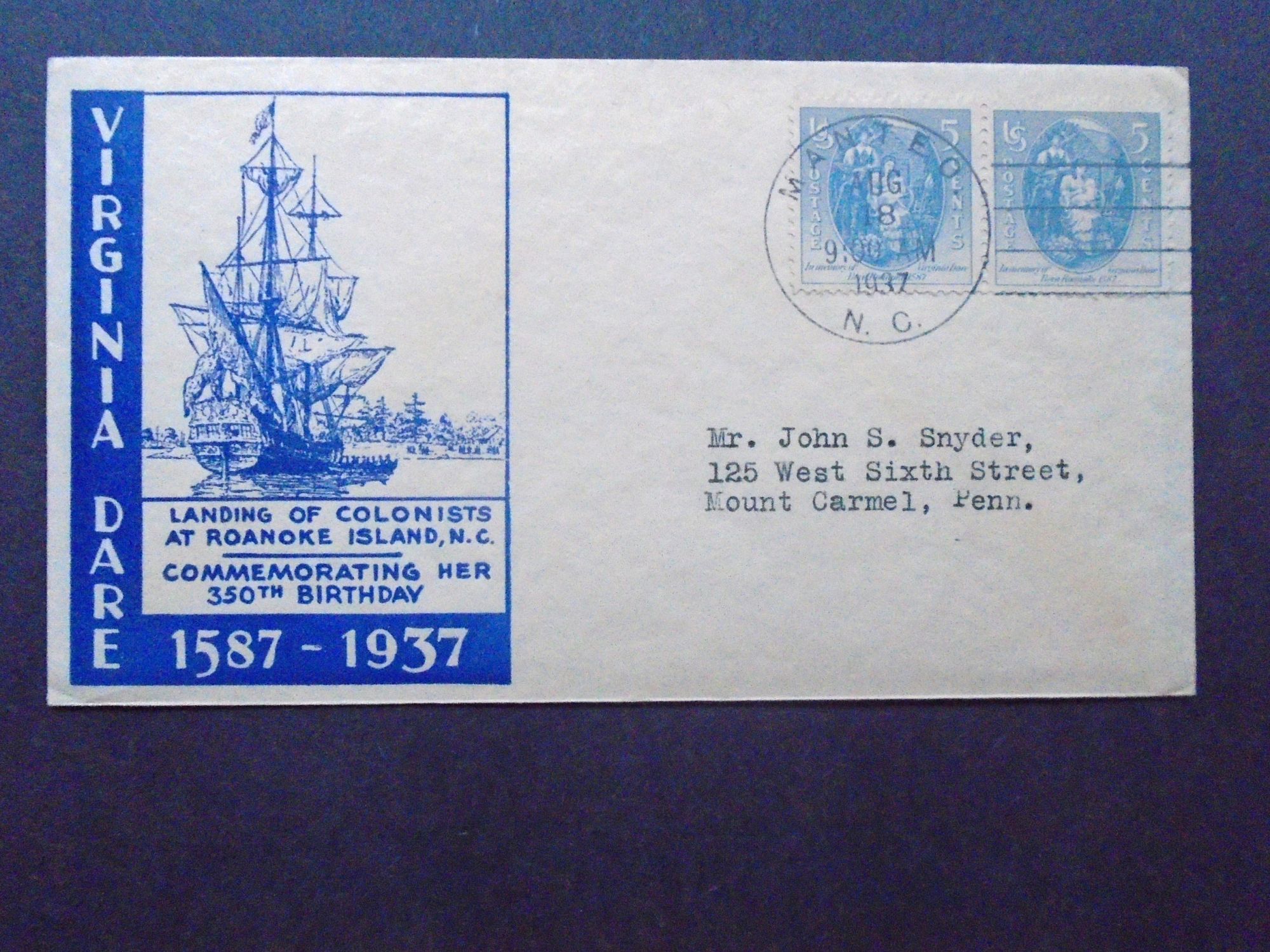 CACHET FIRST DAY COVER VIRGINIA DARE 1587 1937 COMMEMORATING HER LANDING 350 YEARS AGO on Robert Gavora Fine and Rare Books