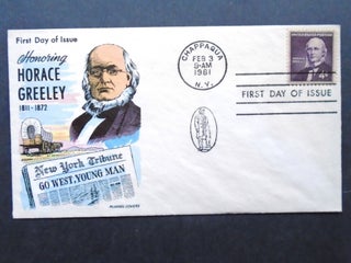 Item #54063 CACHET FIRST DAY OF ISSUE COVER; FLUEGEL COLOR CACHET HONORING HORACE GREELEY,...
