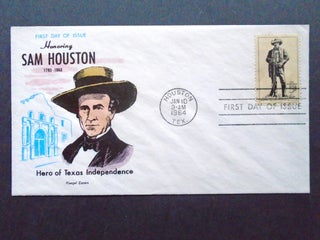 Item #54065 CACHET FIRST DAY OF ISSUE COVER; FLUEGEL COLOR CACHET HONORING SAM HOUSTON, CANCELLED...