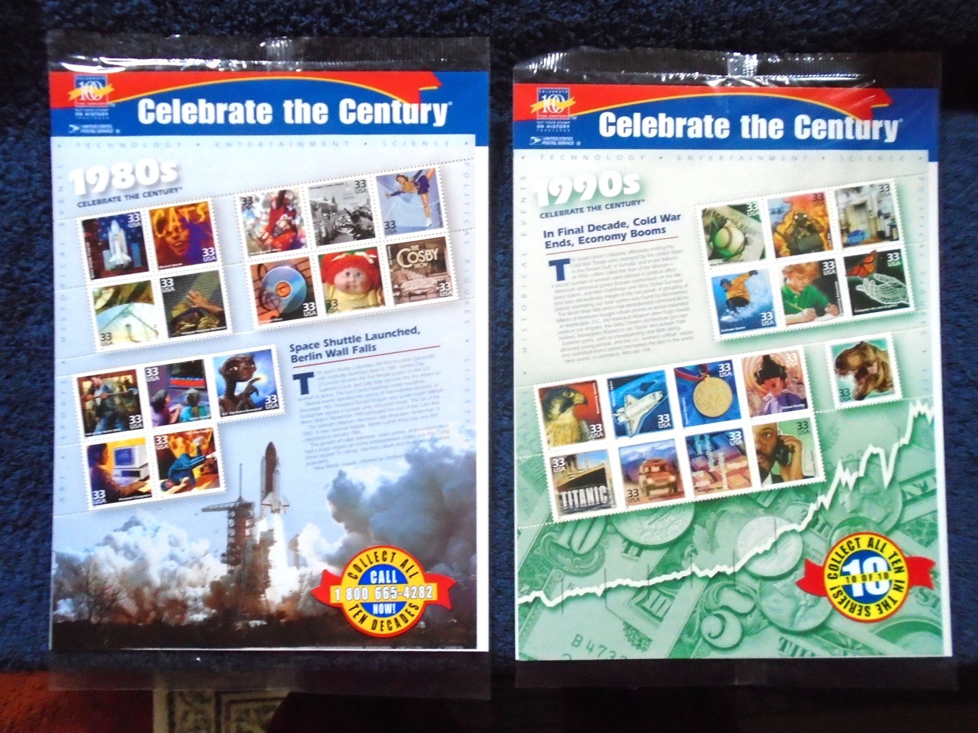 U.S. SOUVENIR SHEETS; CELEBRATE THE CENTURY, ALL 10 ISSUED, 1900s - 1990s