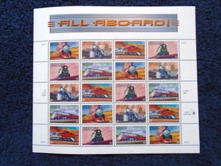 Item #55040 U.S. COMMEMORATIVE SHEET; ALL ABOARD, FULL PANE OF 20 33¢ STAMPS