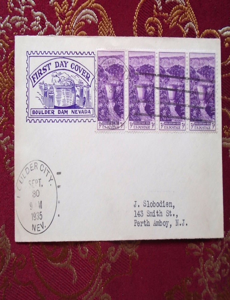 Item #55574 BOULDER DAM NEVADA CACHET 1935 FIRST DAY COVER WITH STRING OF FOUR 3 BOULDER DAM STAMPS, CANCELLED IN BOULDER CITY, NEV. ON SEPT. 30; SCOTT 740.