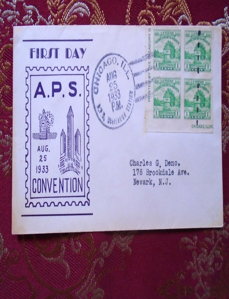 Item #55575 AMERICAN PHILATELIC SOCIETY CACHET FIRST DAY COVER 1933, BLOCK OF FOUR1 FORT DEARBORN STAMPS, CANCELLED CHIAGO ILL, AUG 25, SCOTT 730