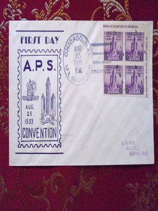 Item #55576 AMERICAN PHILATELIC SOCIETY CACHET FIRST DAY COVER 1933, BLOCK OF FOUR1 CHICAGO...