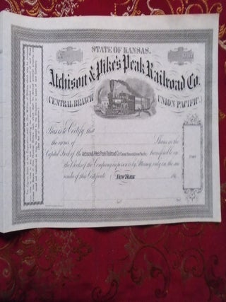 Item #56102 ATCHISON & PIKE'S PEAK RAILROAD CO., CENTRAL BRANCH UNION PACIFIC; STOCK CERTIFICATE...