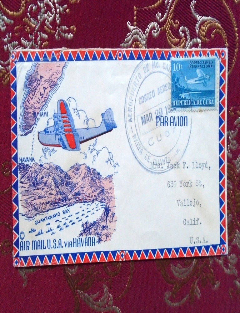 Item #58580 CACHET COVER; AIR MAIL U.S.A. VIA HAVANA; CANCELLED BAHIA DE GUANTANAMO, CORREO AEREO MAR 29, 1939, WITH 10c STAMP, REPUBLIC DE CUBA