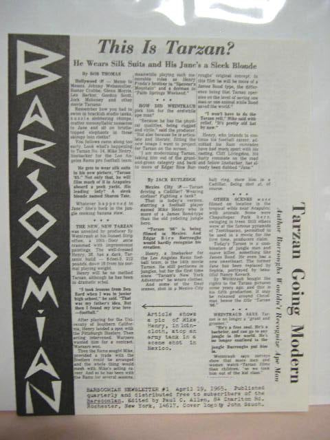 Item #34394 BARSOOMIAN NEWSLETTER #1, APRIL, 1965. Paul C. Allen, Edgar Rice Burroughs.