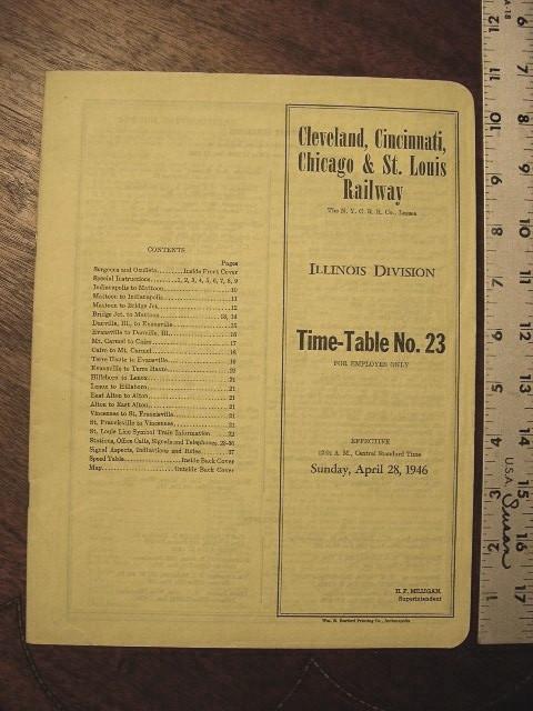 Item #35579 CLEVELAND, CINCINNATI, CHICAGO & ST. LOUIS RAILWAY, ILLINOIS DIVISION [EMPLOYEES] TIME TABLE NO. 23
