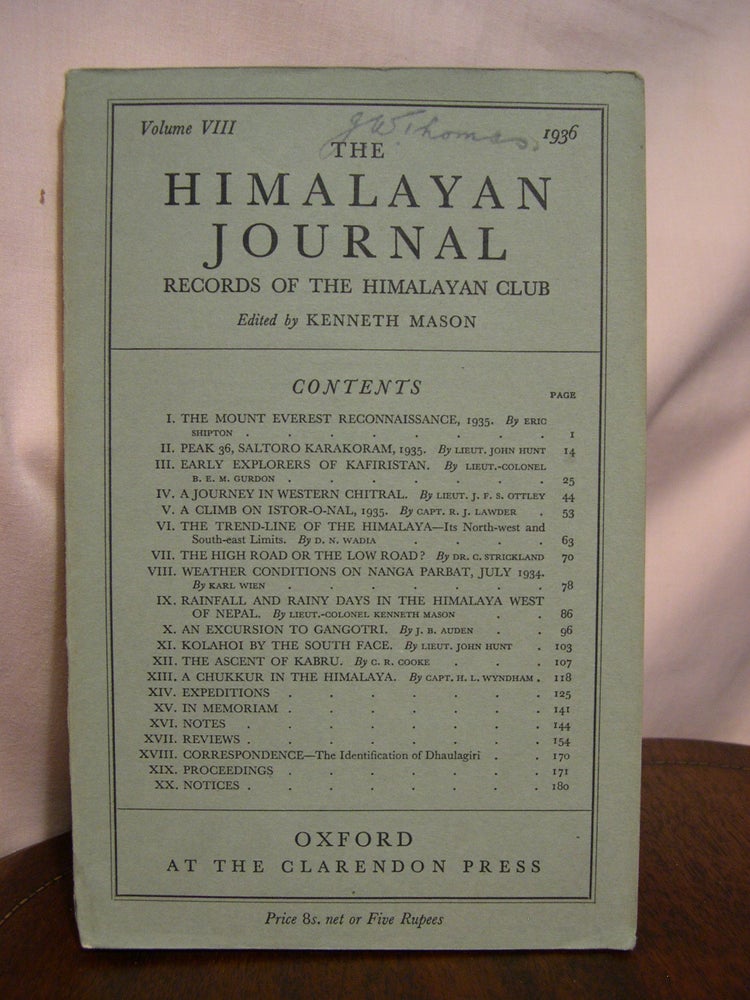 Item #42193 THE HIMALAYAN JOURNAL; RECORDS OF THE HIMALAYAN CLUB, VOL. VIII, 1936. Kenneth Mason.