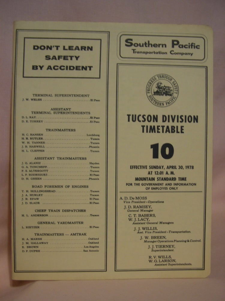 Item #47075 SOUTHERN PACIFIC TRANSPORTATION COMPANY [EMPLOYEE] TIME TABLE; TUCSON DIVISION TIMETABLE 10 [1978]