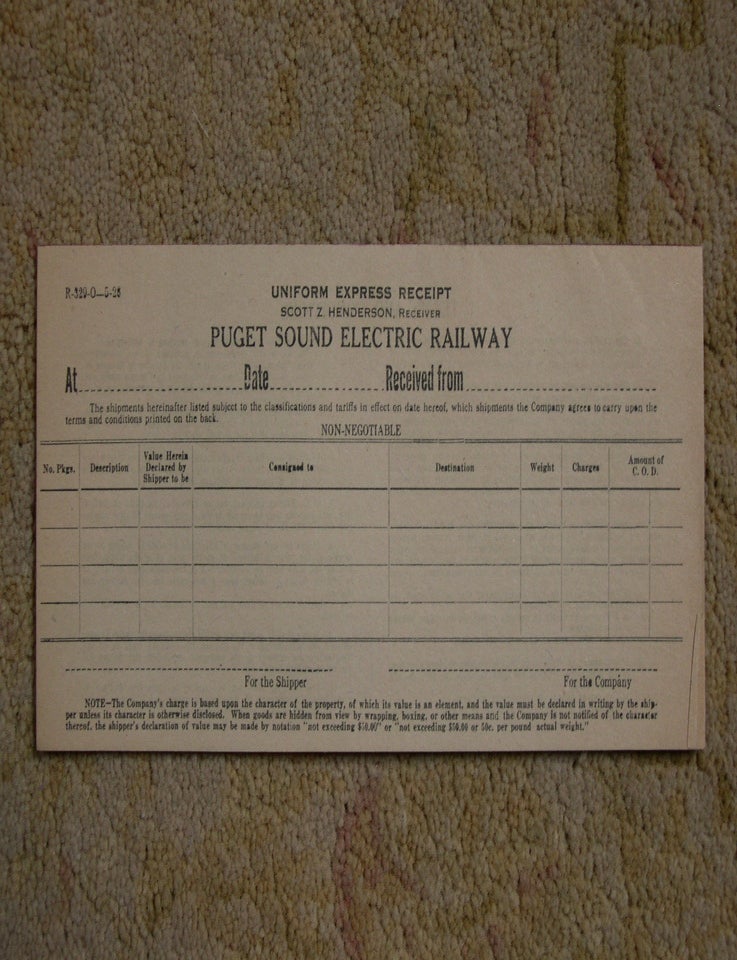 PUGET SOUND ELECTRIC RAILWAY, UNIFORM EXPRESS RECEIPT