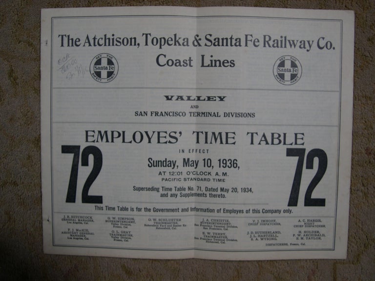 Item #47474 ATCHISON, TOPEKA AND SANTA FE RAILWAY CO. COAST LINES; VALLEY AND SAN FRANCISCO TERMINAL DIVISIONS EMPLOYES' TIME TABLE 72 IN EFFECT SUNDAY, MAY 10, 1936
