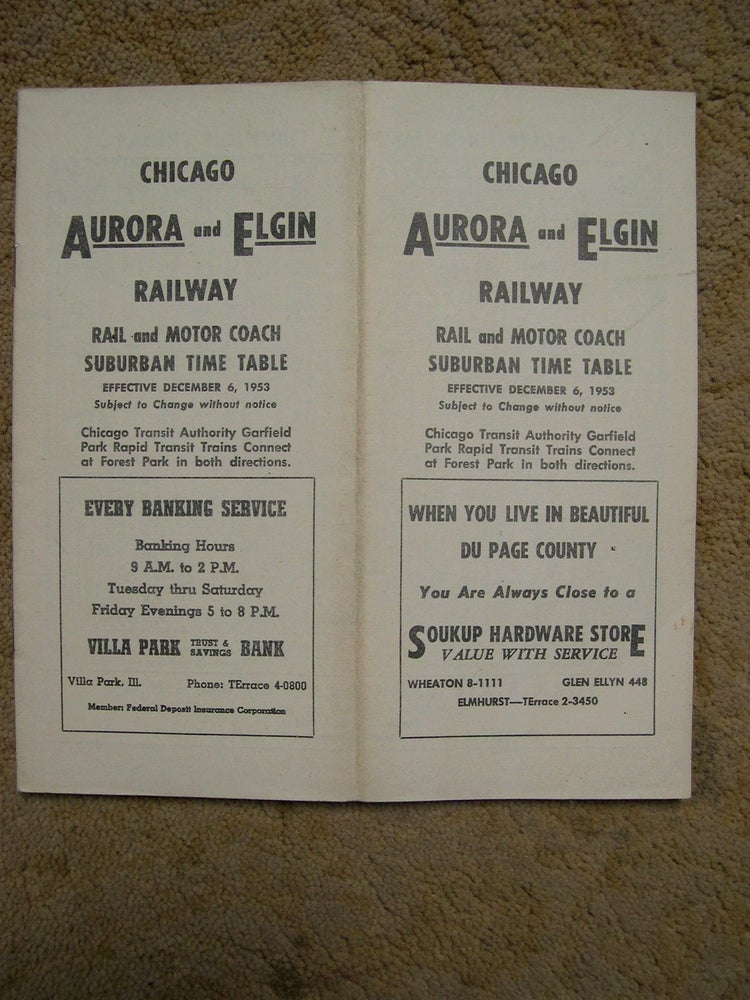 Item #49318 CHICAGO, AURORA AND ELGIN RAILWAY, RAIL AND MOTOR COACH SUBURBAN [PASSENGER] TIME TABLE: EFFECTIVE DECEMBER 6, 1953