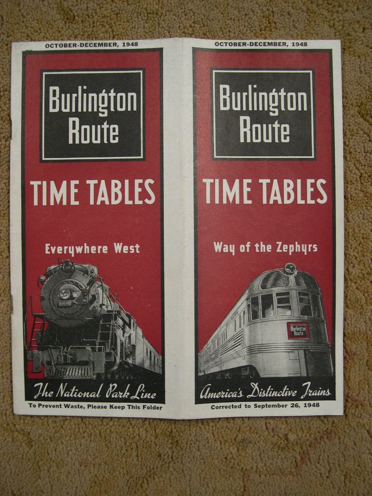 Item #49367 BURLINGTON ROUTE [C.B.&Q. PASSENGER] TIME TABLES, OCTOBER-DECEMBER, 1948