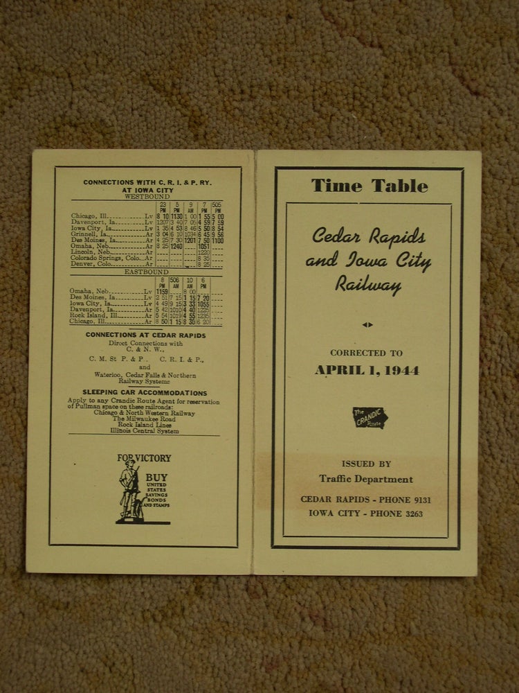 Item #49377 CEDAR RAPIDS AND IOWA CITY RAILWAY [CRANDIC PASSENGER] TIME TABLE CORRECTED TO APRIL 1, 1944