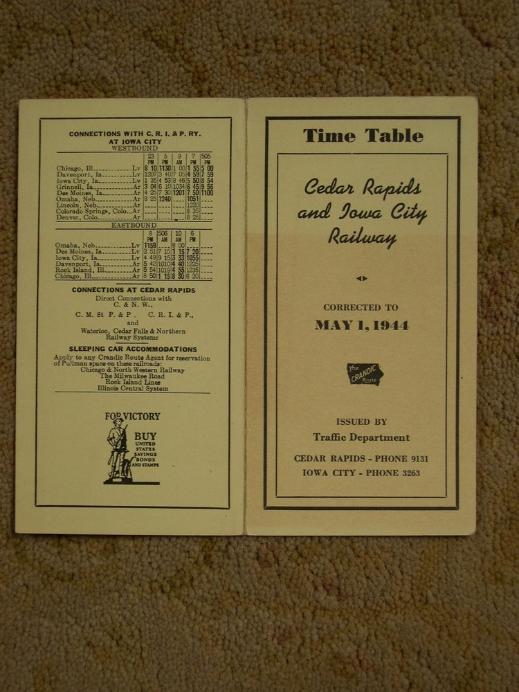 Item #49378 CEDAR RAPIDS AND IOWA CITY RAILWAY [CRANDIC PASSENGER] TIME TABLE CORRECTED TO MAY 1, 1944