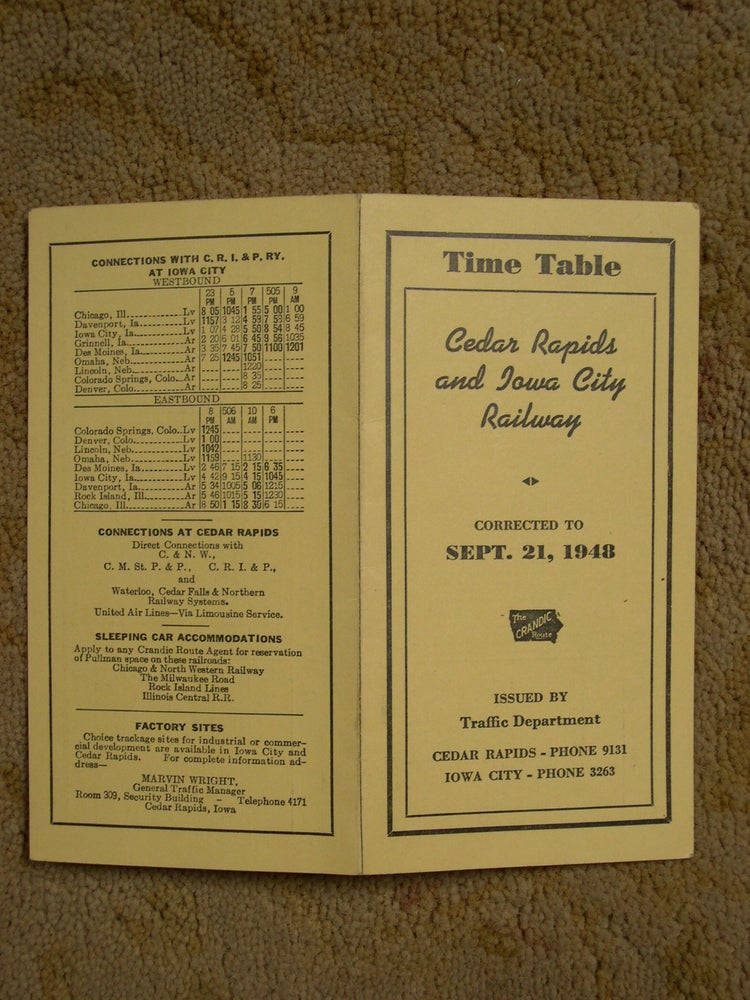Item #49379 CEDAR RAPIDS AND IOWA CITY RAILWAY [CRANDIC PASSENGER] TIME TABLE CORRECTED TO SEPT. 21, 1948