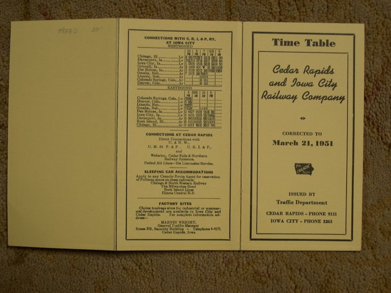 Item #49380 CEDAR RAPIDS AND IOWA CITY RAILWAY [CRANDIC PASSENGER] TIME TABLE CORRECTED TO MARCH 21, 1951