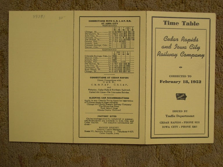 Item #49381 CEDAR RAPIDS AND IOWA CITY RAILWAY [CRANDIC PASSENGER] TIME TABLE CORRECTED TO FEBRUARY 18, 1952
