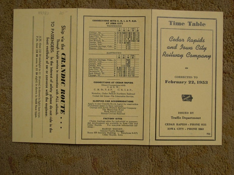 Item #49383 CEDAR RAPIDS AND IOWA CITY RAILWAY [CRANDIC PASSENGER] TIME TABLE CORRECTED TO FEBRUARY 22, 1953