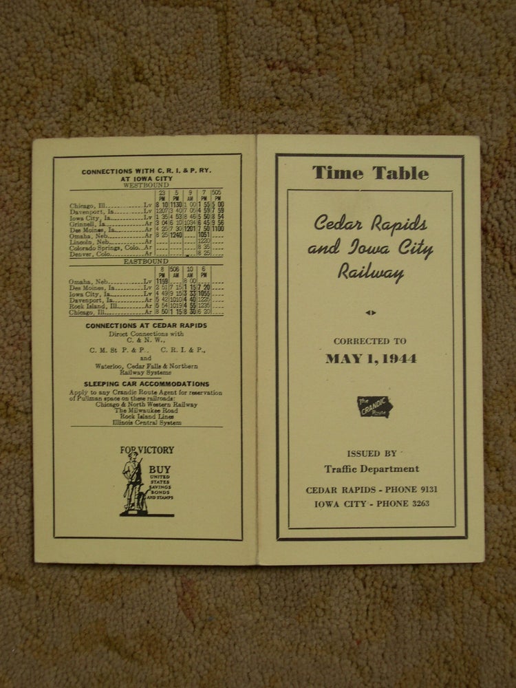 Item #49384 CEDAR RAPIDS AND IOWA CITY RAILWAY [CRANDIC PASSENGER] TIME TABLE CORRECTED TO MAY 1, 1944