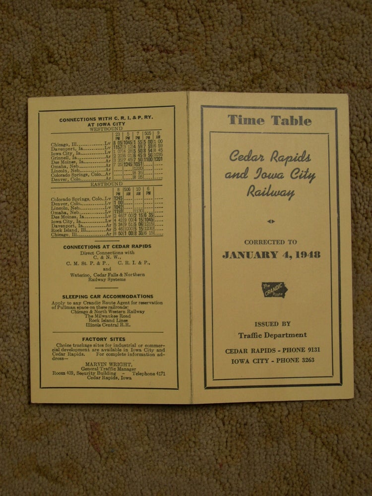Item #49385 CEDAR RAPIDS AND IOWA CITY RAILWAY [CRANDIC PASSENGER] TIME TABLE CORRECTED TO JANUARY 4, 1948